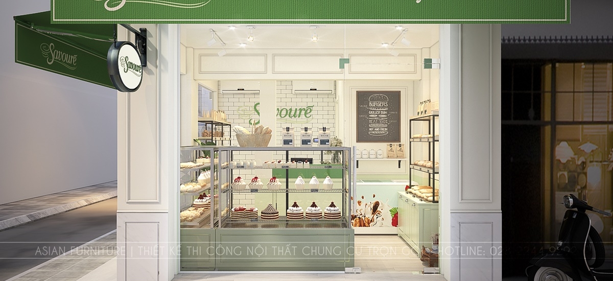 Trước khi cải tạo, tiệm bánh khá tối vì sử dụng quá nhiều tông xanh, nhưng tất cả đã thay đổi hoàn toàn khi được thay thế bằng gam trắng tinh tế.